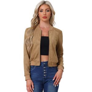 Faux Suede Cropped Coat for Women's Stand Collar Zip Up Biker Jackets Khaki